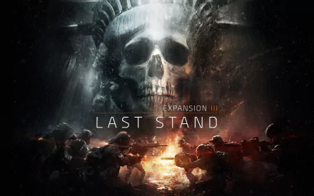 4K Ultra HD PC desktop wallpaper for video game Tom Clancy's The Division — Last Stand expansion: ruined, skull-like Statue of Liberty looming over armed agents around a burning street.