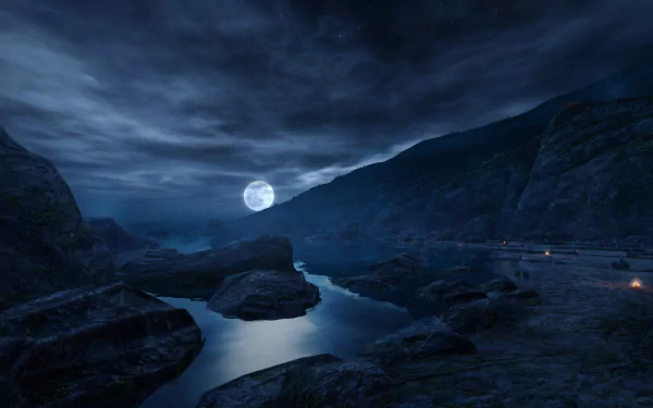 A serene nighttime landscape illuminated by moonlight, featuring a river flowing through dark rocks, set against a moody Sci-Fi sky. An enchanting HD desktop wallpaper.