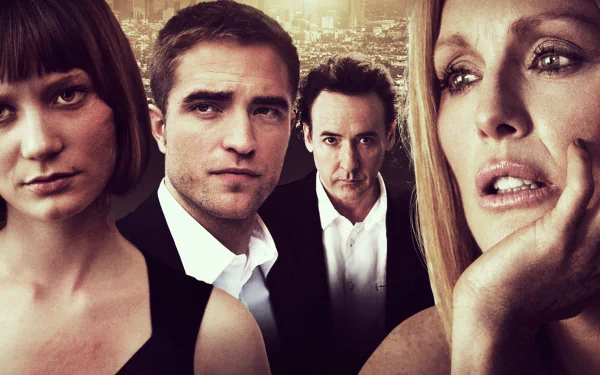 HD desktop wallpaper of the movie Maps to the Stars featuring Robert Pattinson, Mia Wasikowska, John Cusack, and Julianne Moore against a cityscape background.
