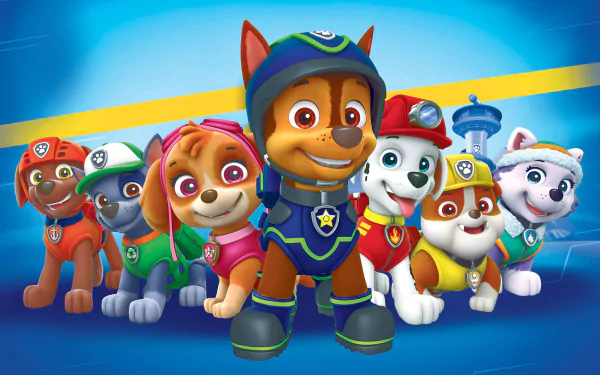 HD desktop wallpaper featuring cartoon characters from the TV show Paw Patrol, showcasing a group of colorful, heroic dogs standing together against a vibrant blue background.