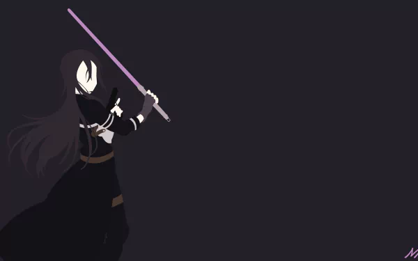 Yuuki from Sword Art Online II, dark silhouette with flowing hair brandishing a glowing purple sword against a minimalist dark backdrop — 8K Ultra HD PC desktop wallpaper and background