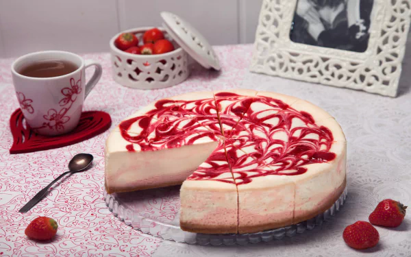 A detailed still life HD wallpaper features a sliced strawberry cheesecake, a cup of tea, fresh strawberries, and a decorative white frame on a patterned tablecloth.
