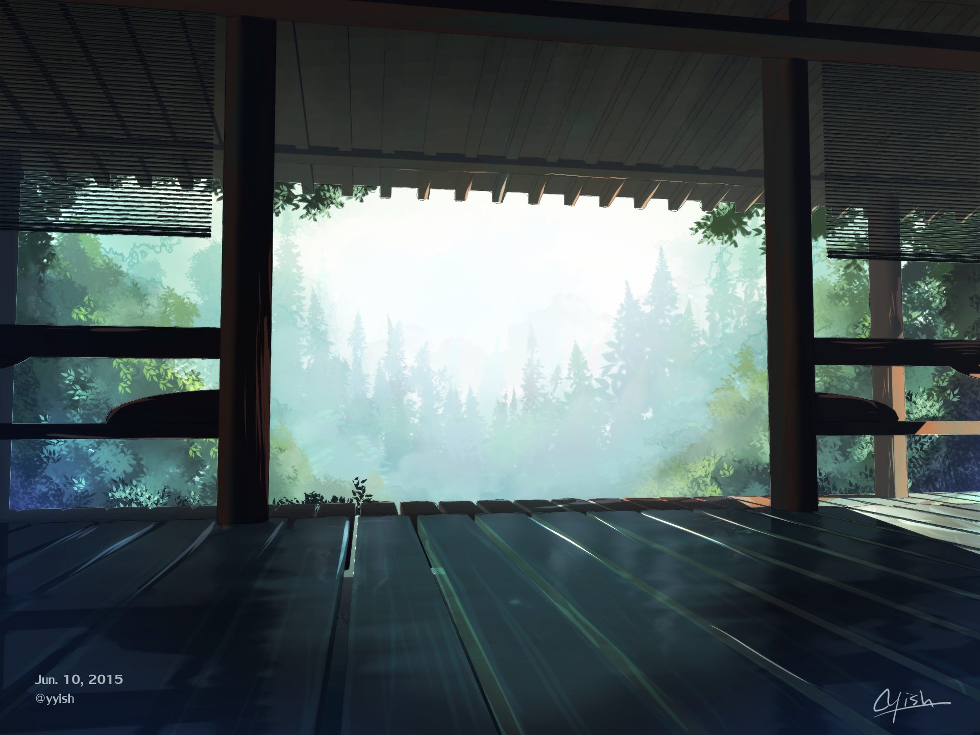 HD anime wallpaper featuring a serene forest view from a wooden cabin porch, surrounded by lush greenery and morning mist.