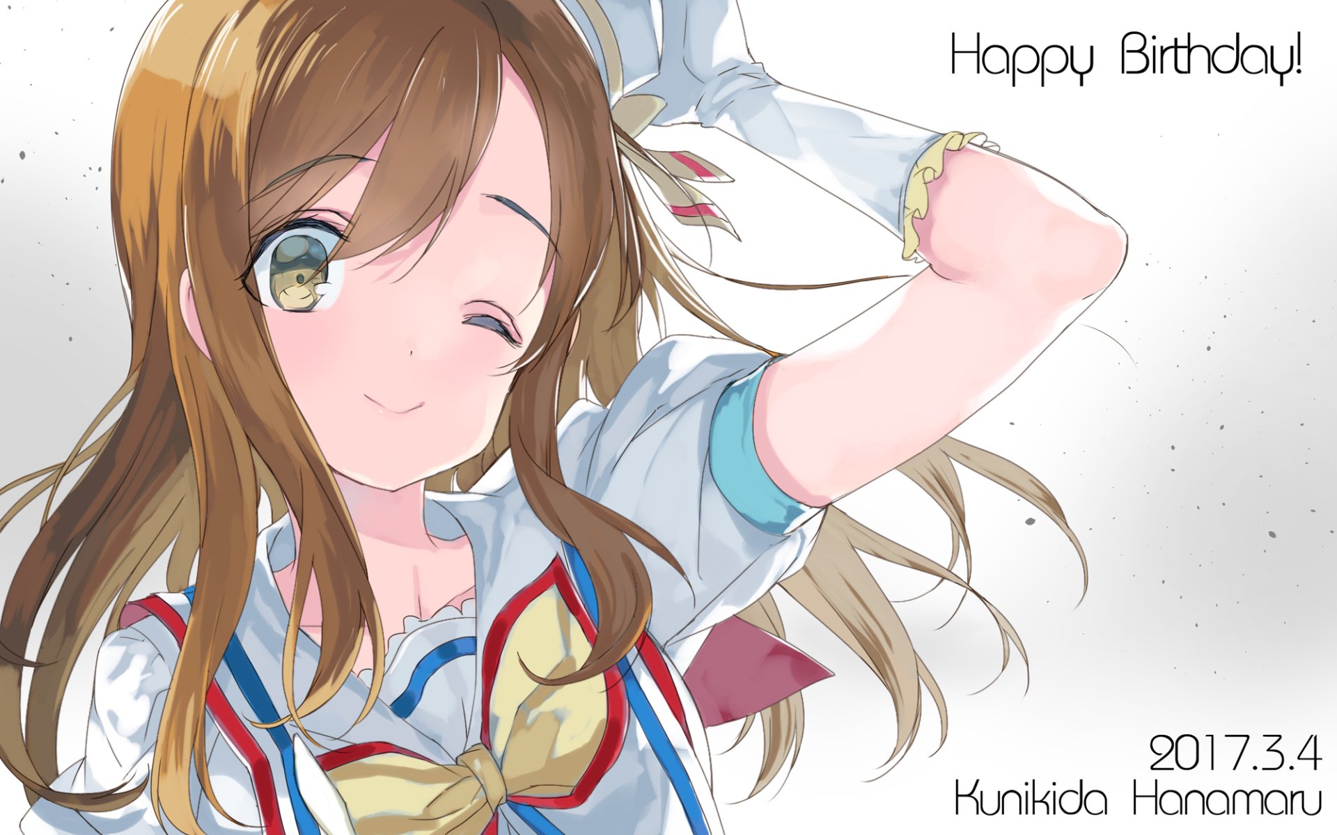 HD anime desktop wallpaper of Hanamaru Kunikida from Love Live! Sunshine!! winking and smiling, with a birthday greeting and date displayed.