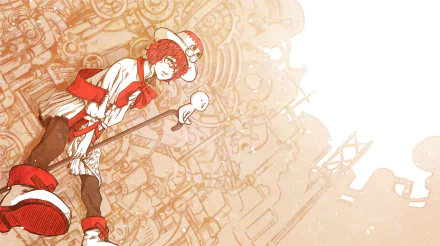 HD anime-style desktop wallpaper featuring Fukase from Vocaloid, dressed in red and white with a detailed industrial background in sepia tones.