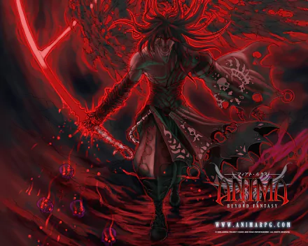 Anima video game artwork: dark anime warrior wielding glowing red blades amid swirling crimson mist — HD PC desktop wallpaper and background.