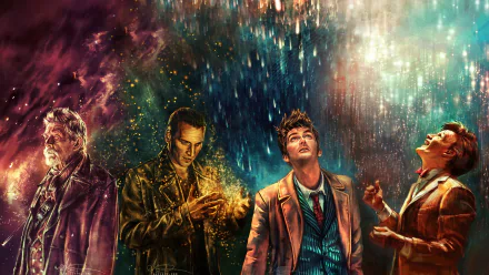 HD desktop wallpaper featuring David Tennant and others in the TV show Doctor Who (2005), against a celestial backdrop.