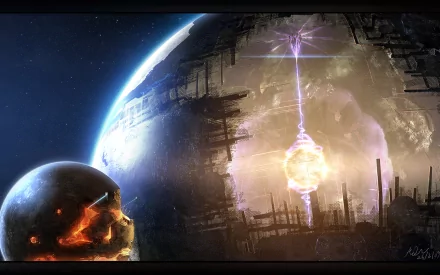 HD sci-fi desktop wallpaper depicting a colossal Dyson Sphere harnessing energy from a star, surrounded by futuristic structures in space.