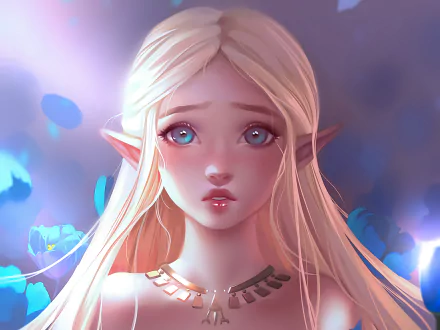 HD desktop wallpaper featuring Zelda from The Legend of Zelda: Breath of the Wild, showcasing her with blonde hair and pointed ears, set against a dreamy, softly lit background with blue accents.