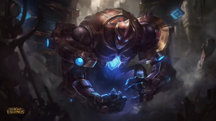 HD PC desktop wallpaper featuring Galio, the armored sentinel from the video game League of Legends, glowing with blue energy in a dark, intense battle scene.