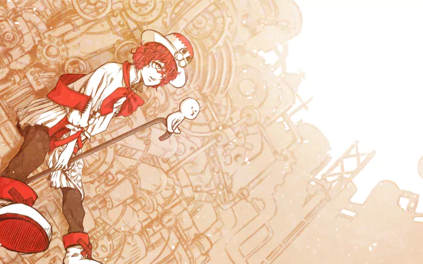 HD anime-style desktop wallpaper featuring Fukase from Vocaloid, dressed in red and white with a detailed industrial background in sepia tones.