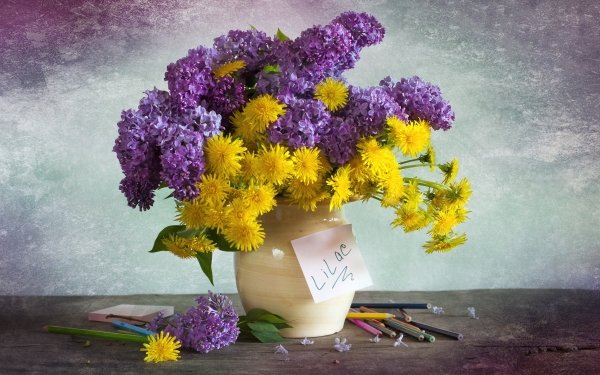 Photography Still Life Flower Vase Yellow Flower Purple Flower Lilac Dandelion HD Wallpaper | Background Image