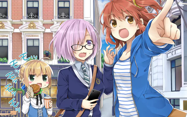 Anime wallpaper featuring Fujimaru Ritsuka, Mashu Kyrielight, and Saber from Fate/Grand Order, showcasing vibrant colors and playful expressions in a lively urban setting.