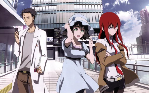 HD desktop wallpaper featuring Steins;Gate anime characters Mayuri Shiina, Kurisu Makise, and Rintaro Okabe standing on a modern city walkway.