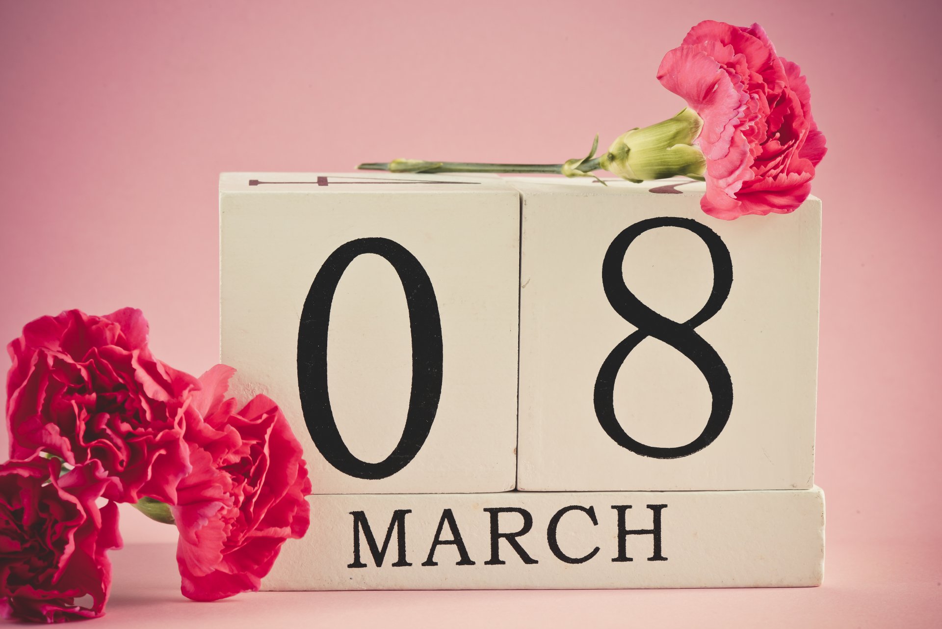 A serene pink background features vibrant pink flowers alongside a calendar displaying 08 March, celebrating Women's Day. This 4K Ultra HD image serves as an inspiring desktop wallpaper.