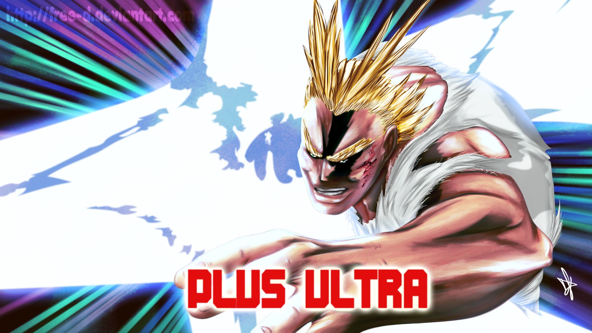 Anime HD PC desktop wallpaper of All Might (My Hero Academia) bursting forward with colorful motion streaks and a bright explosive background, captioned PLUS ULTRA.