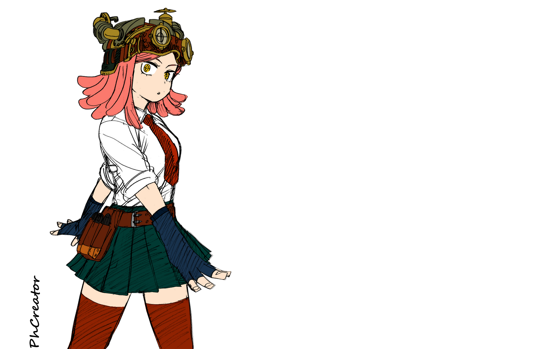 HD PC desktop wallpaper featuring an anime character from My Hero Academia, dressed in a school uniform with steampunk accessories and vibrant pink hair.