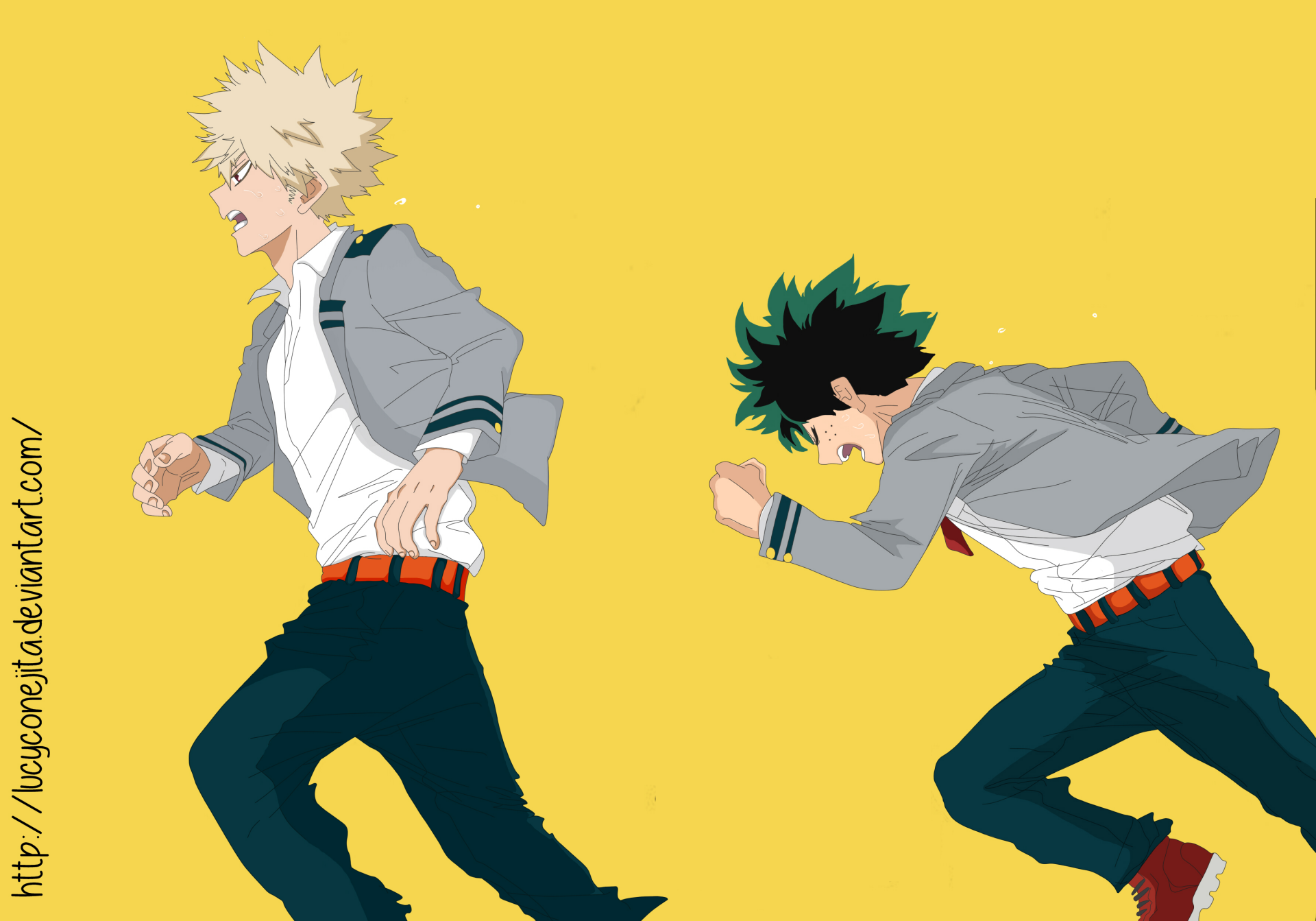 HD PC desktop wallpaper from the anime My Hero Academia featuring characters Bakugo and Midoriya running against a bright yellow background.