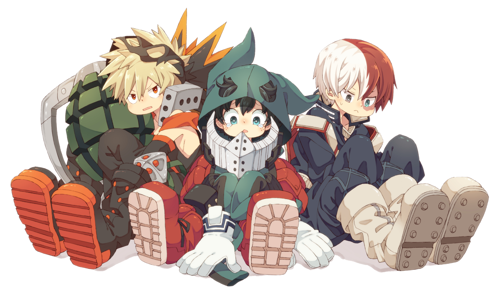 HD desktop wallpaper featuring three characters from the anime My Hero Academia sitting together in their hero costumes.