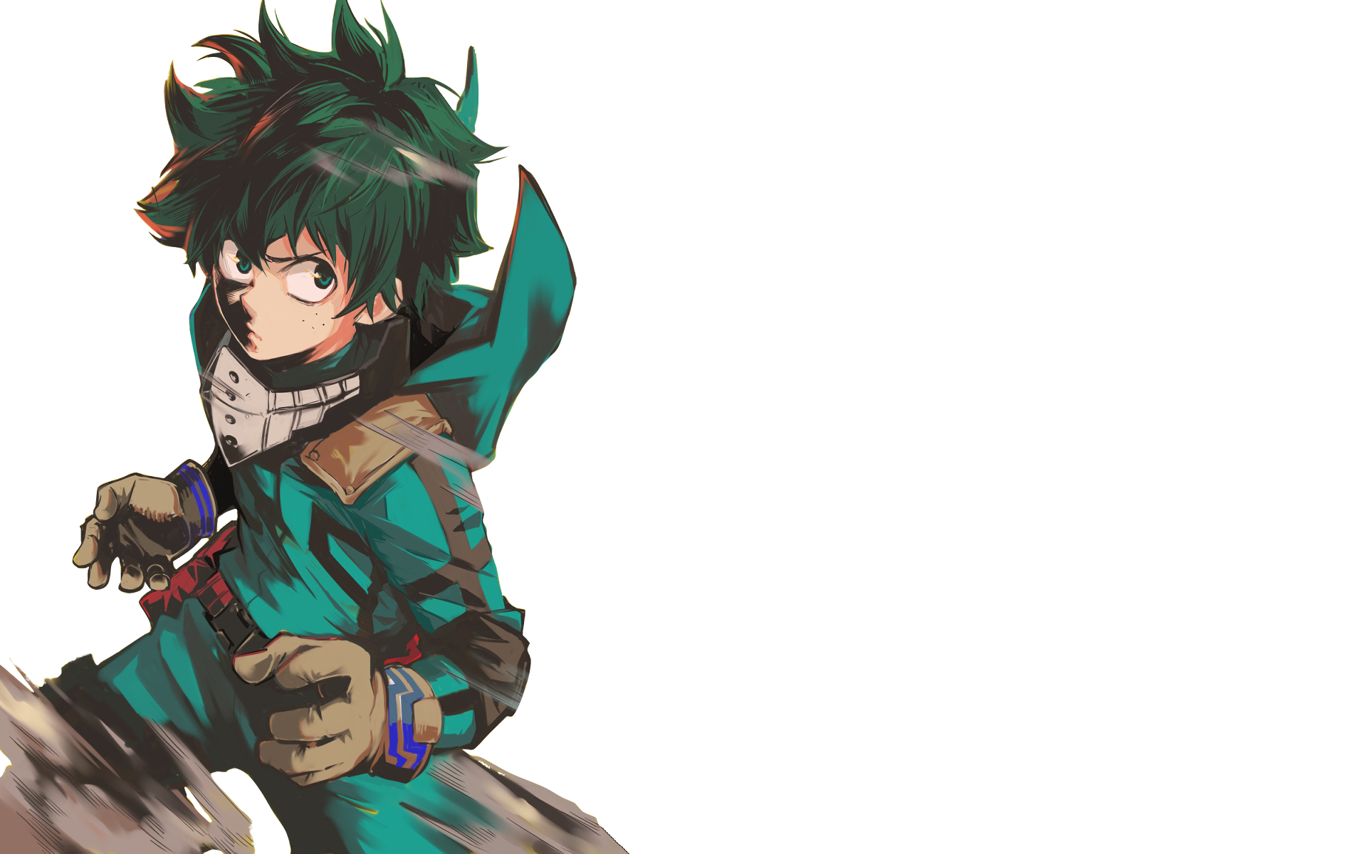 HD desktop wallpaper featuring Izuku Midoriya from the anime My Hero Academia, showcasing his heroic pose against a white background.