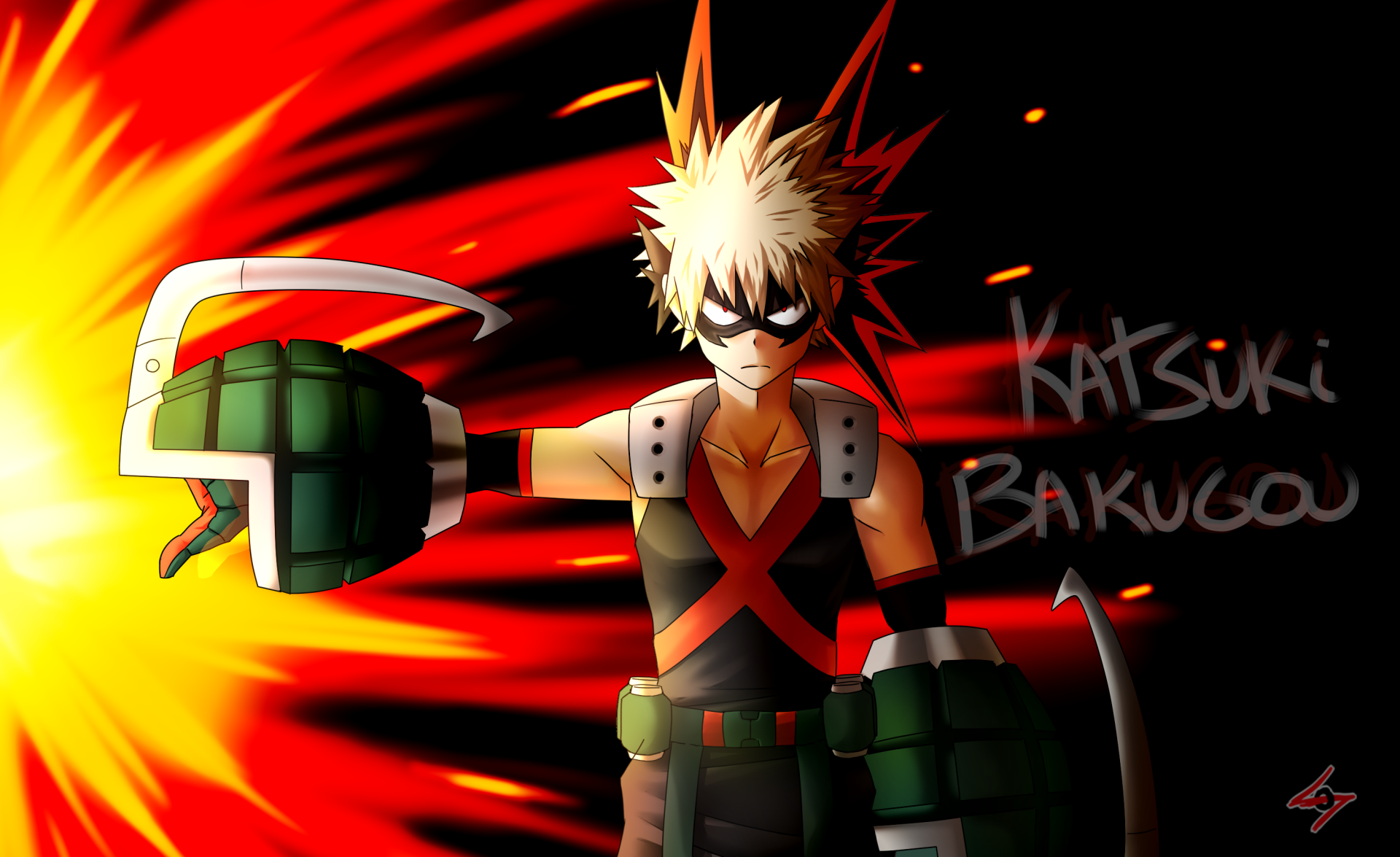 HD PC desktop wallpaper featuring Katsuki Bakugou from My Hero Academia, depicted unleashing an intense explosive attack with fiery red and orange background.