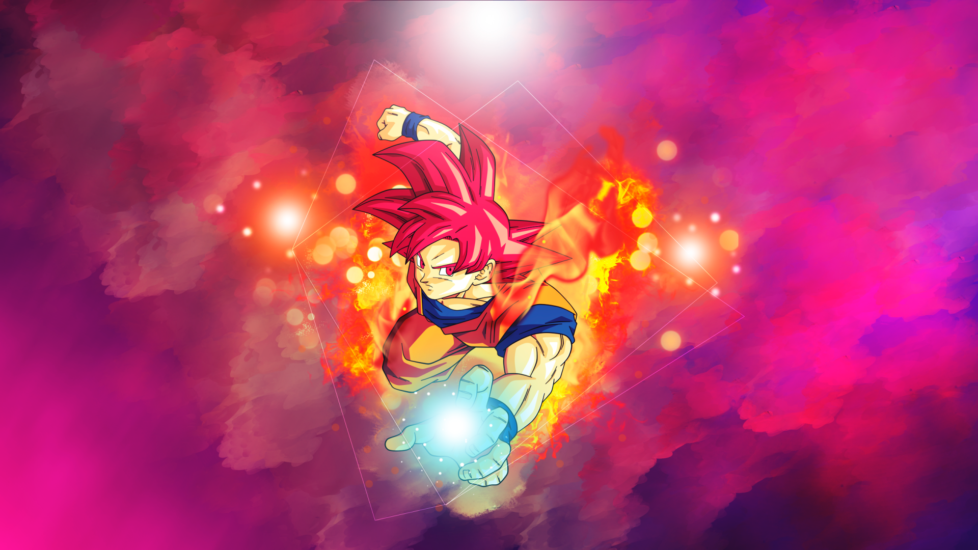 HD PC desktop wallpaper featuring Goku in his Super Saiyan God form from the anime Dragon Ball Super, surrounded by vibrant flames and energy aura.