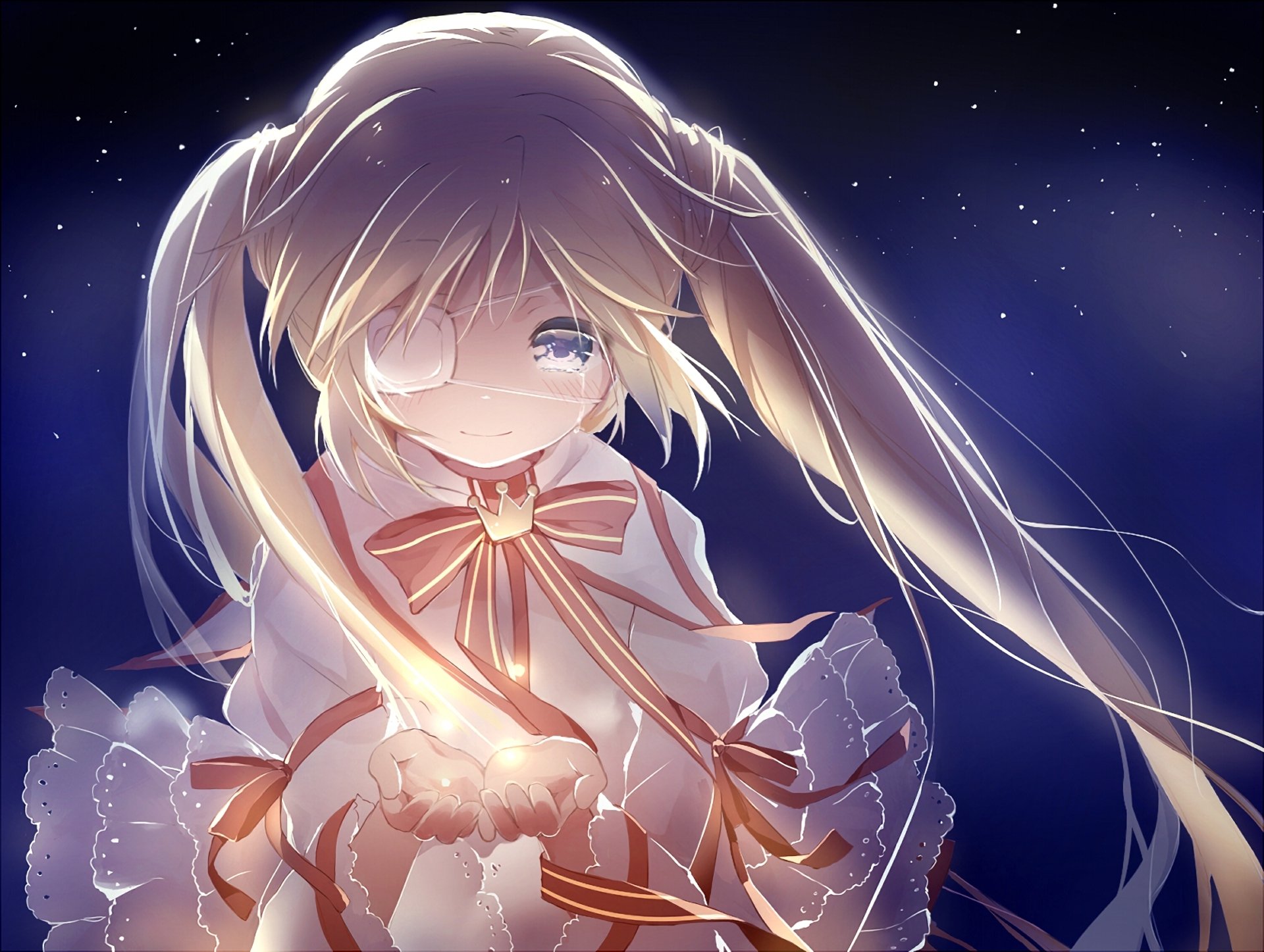 HD anime desktop wallpaper featuring Shizuru Nakatsu from Rewrite, glowing softly under a starry night sky with gentle light effects.