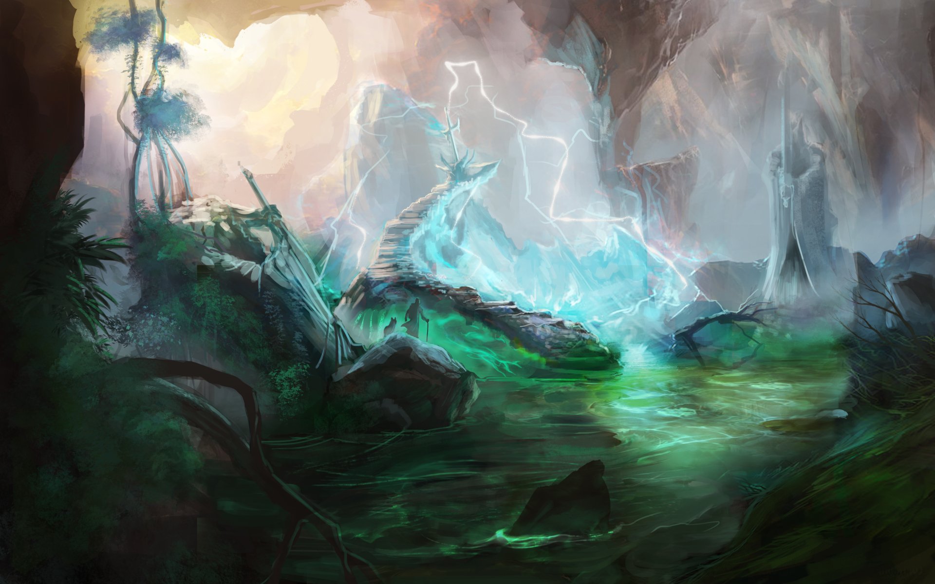 4K Ultra HD PC desktop wallpaper: artistic fantasy ruin with lightning-lit stairs, a crumbling statue, and glowing emerald waters.