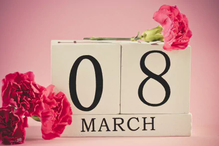 A serene pink background features vibrant pink flowers alongside a calendar displaying 08 March, celebrating Women's Day. This 4K Ultra HD image serves as an inspiring desktop wallpaper.