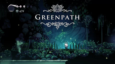 4K Ultra HD Hollow Knight video game wallpaper featuring the lush, glowing Greenpath area with the silent knight character standing amidst dense foliage.