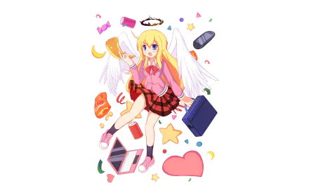 Gabriel Tenma White from the anime *Gabriel DropOut* features in this vibrant HD desktop wallpaper, surrounded by playful colorful elements and her signature angelic wings.
