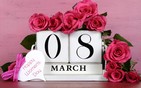 A beautiful arrangement of pink roses surrounds a calendar displaying 08 March with a heart-shaped tag that reads Happy Women's Day, capturing a festive and celebratory atmosphere.