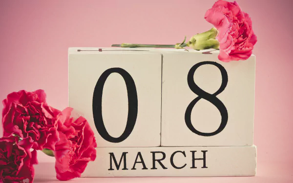 A serene pink background features vibrant pink flowers alongside a calendar displaying 08 March, celebrating Women's Day. This 4K Ultra HD image serves as an inspiring desktop wallpaper.