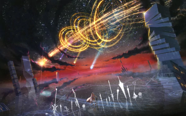 Altera from Fate/Grand Order in a vivid anime scene with glowing rings and shooting stars, captured in stunning 4K Ultra HD as a PC desktop wallpaper background.