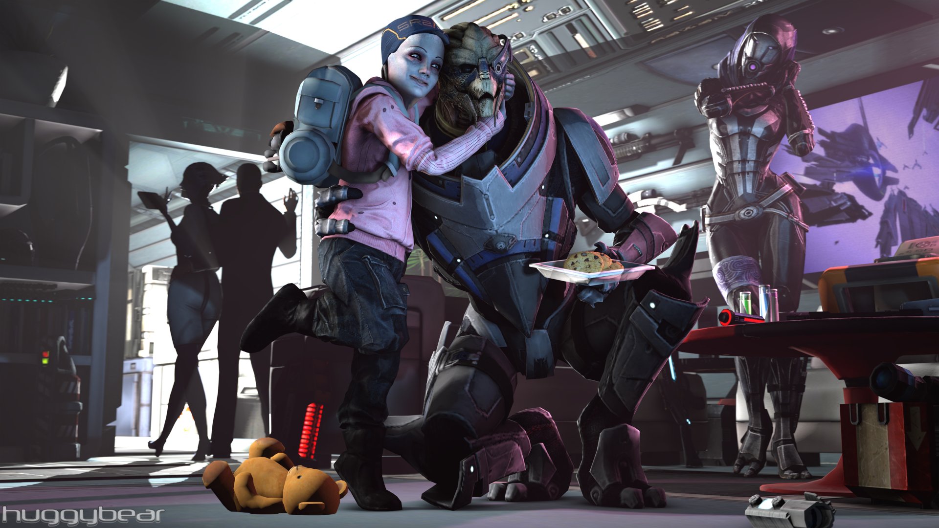 HD PC desktop wallpaper featuring Commander Shepard, Tali'Zorah, Liara T'Soni, and Garrus Vakarian from the Mass Effect video game series in a lively scene.