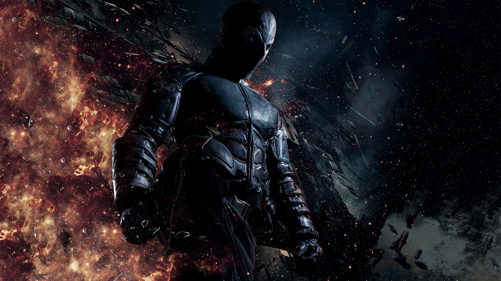 HD PC desktop wallpaper/background: Rendel from the movie — a dark armored vigilante silhouetted against fiery explosions and swirling debris.