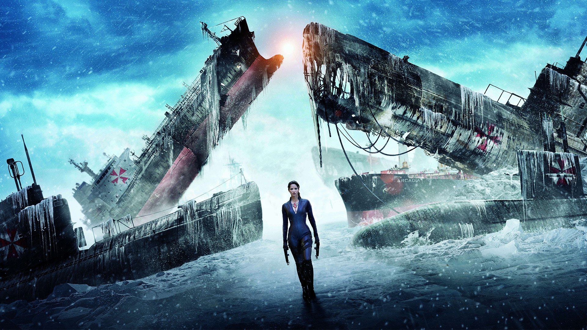 HD PC desktop wallpaper featuring a dramatic scene from the movie Resident Evil: Retribution with a central character amidst shattered ships in a stormy, icy environment.