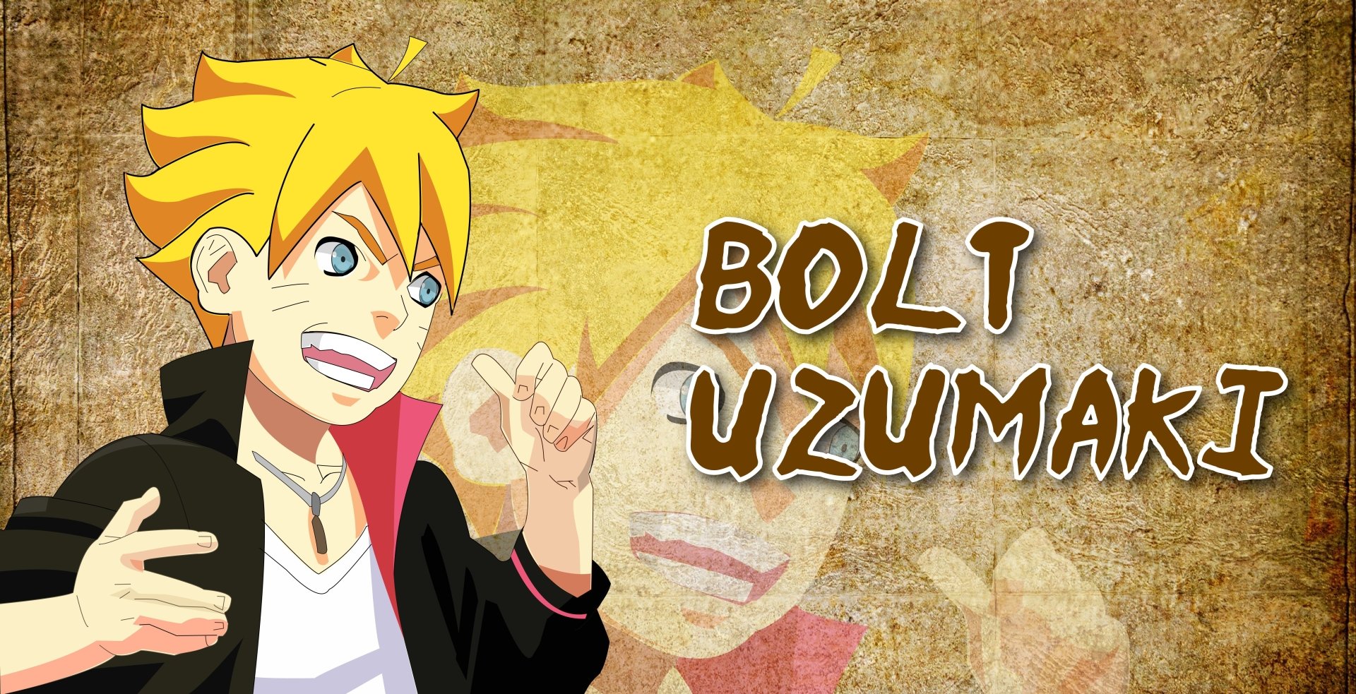 This HD desktop wallpaper features Boruto Uzumaki from the anime Boruto, showcasing a vibrant and lively depiction of the character against a textured background.