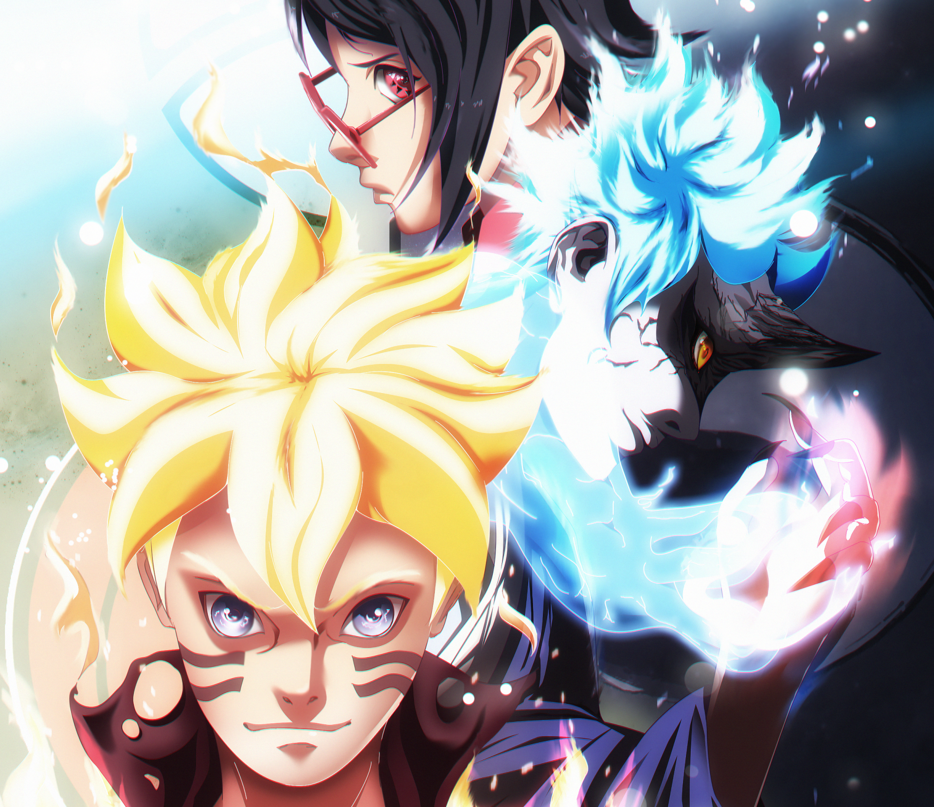 HD PC desktop wallpaper featuring Sarada Uchiha and other characters from the anime Boruto with dynamic, vibrant colors and intense expressions.