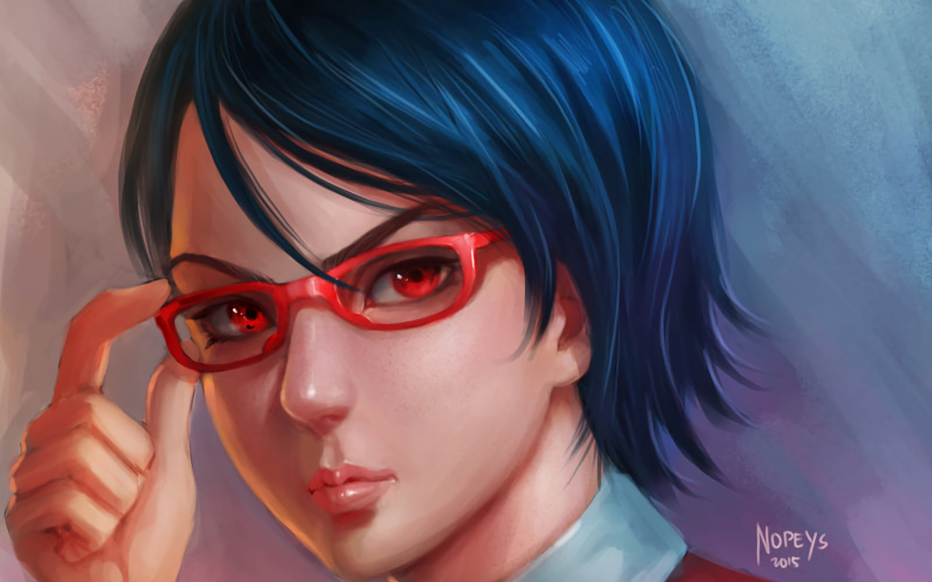 HD PC desktop wallpaper: close-up anime portrait of Sarada Uchiha (Boruto) with short dark hair, red glasses and a serious gaze against a soft painterly blue-gray background.