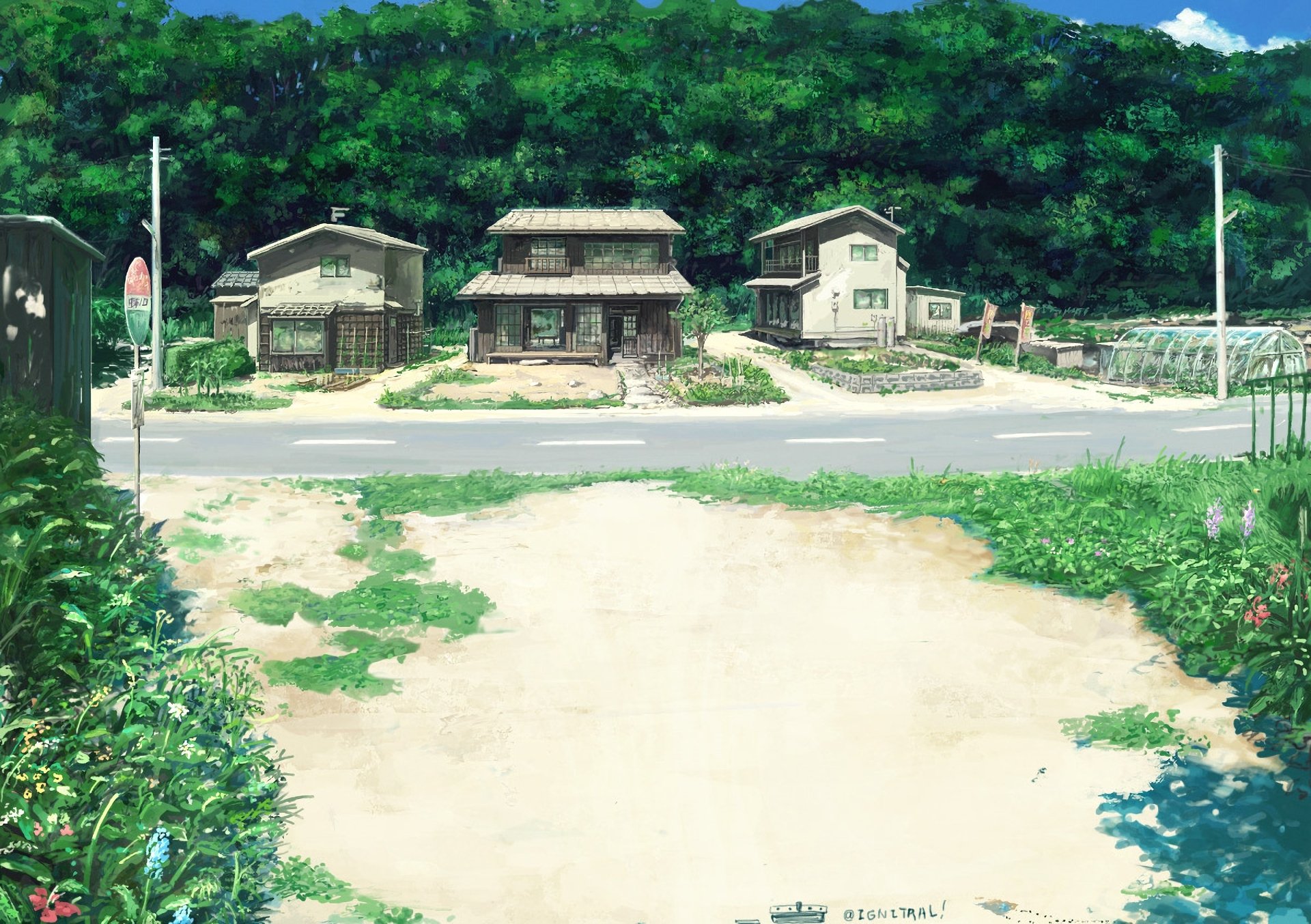 HD anime desktop wallpaper featuring original artwork of a peaceful rural street lined with traditional houses and lush greenery in the background.
