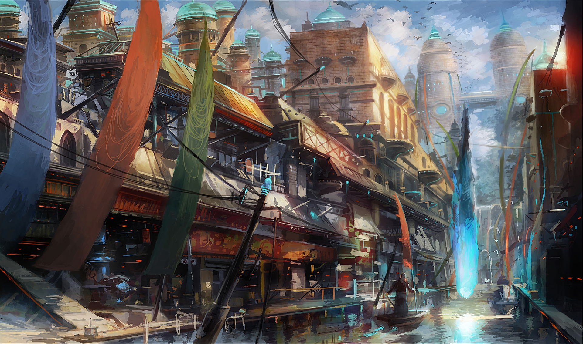 Anime-style HD wallpaper depicting an original, vibrant fantasy cityscape with bright banners, bustling buildings, and a serene canal under a vivid sky.