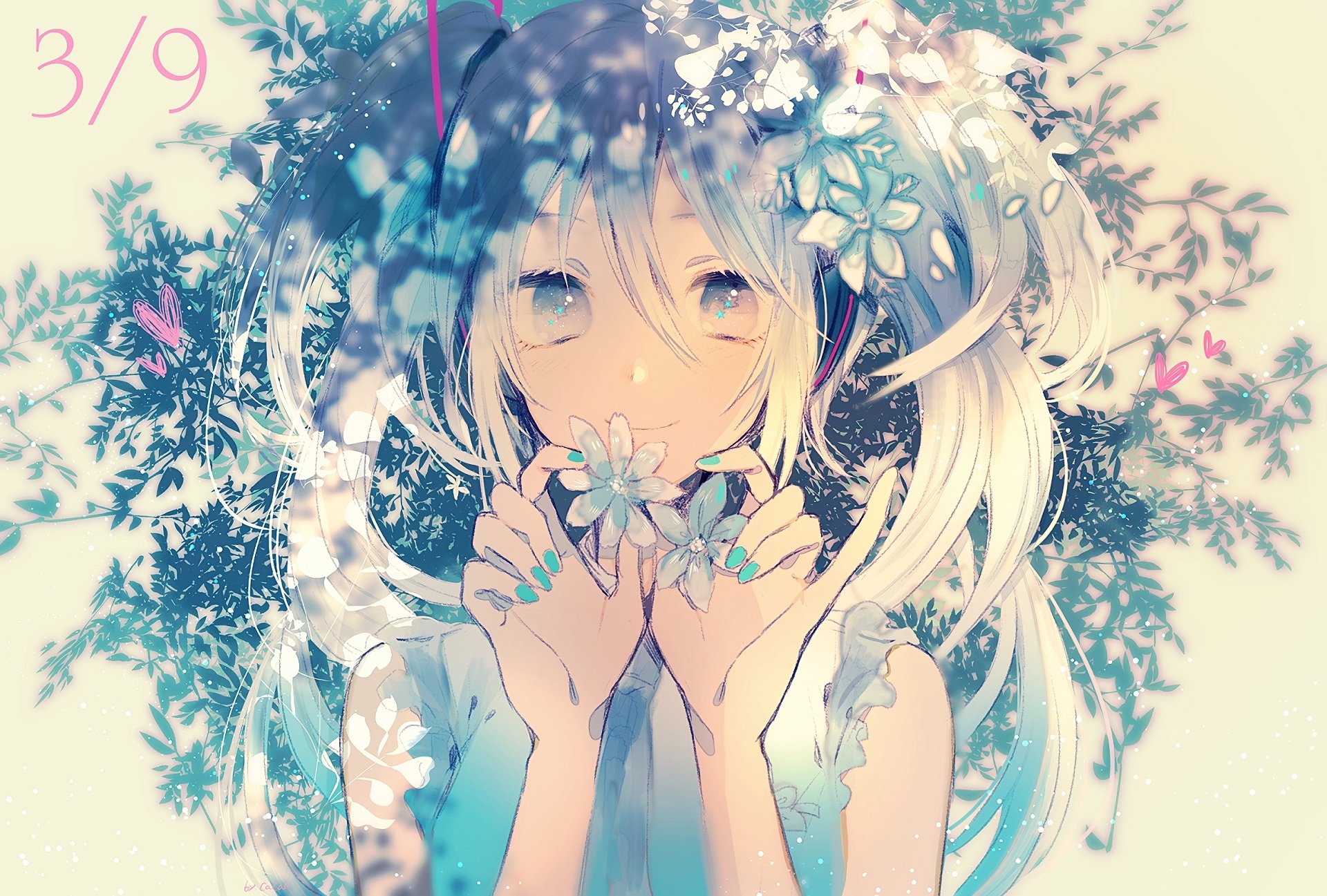 A HD desktop wallpaper featuring Hatsune Miku with aqua hair and eyes, styled in twintails, holding a flower. The background is a blend of floral designs, enhancing the anime and Vocaloid aesthetic.