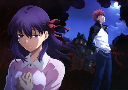 HD desktop wallpaper featuring Sakura Matou and Shirou Emiya from the anime Fate/stay Night Movie: Heaven's Feel, set against a dark, dramatic backdrop with a blue sky and a house in the background.