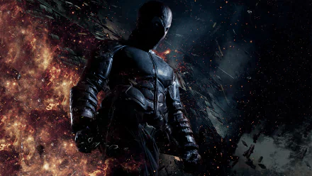 HD PC desktop wallpaper/background: Rendel from the movie — a dark armored vigilante silhouetted against fiery explosions and swirling debris.