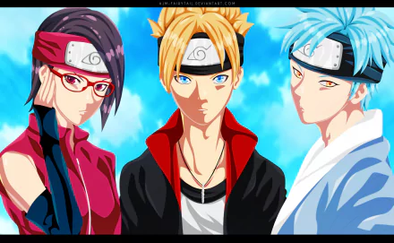 An HD wallpaper featuring Mitsuki, Boruto Uzumaki, and Sarada Uchiha from the anime Boruto against a bright blue sky background.