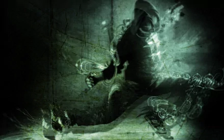 Grunge green HD PC desktop wallpaper of an artistic human superdancer mid-leap, blurred motion and smoky textures creating a dynamic, edgy background.