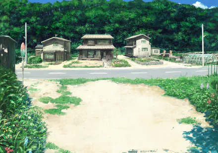 HD anime desktop wallpaper featuring original artwork of a peaceful rural street lined with traditional houses and lush greenery in the background.