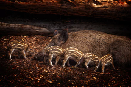 HD desktop wallpaper of a baby boar and four striped piglets nestled on forest floor, showcasing the natural bond within a boar family in a woodland setting.