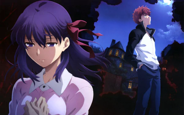 HD desktop wallpaper featuring Sakura Matou and Shirou Emiya from the anime Fate/stay Night Movie: Heaven's Feel, set against a dark, dramatic backdrop with a blue sky and a house in the background.